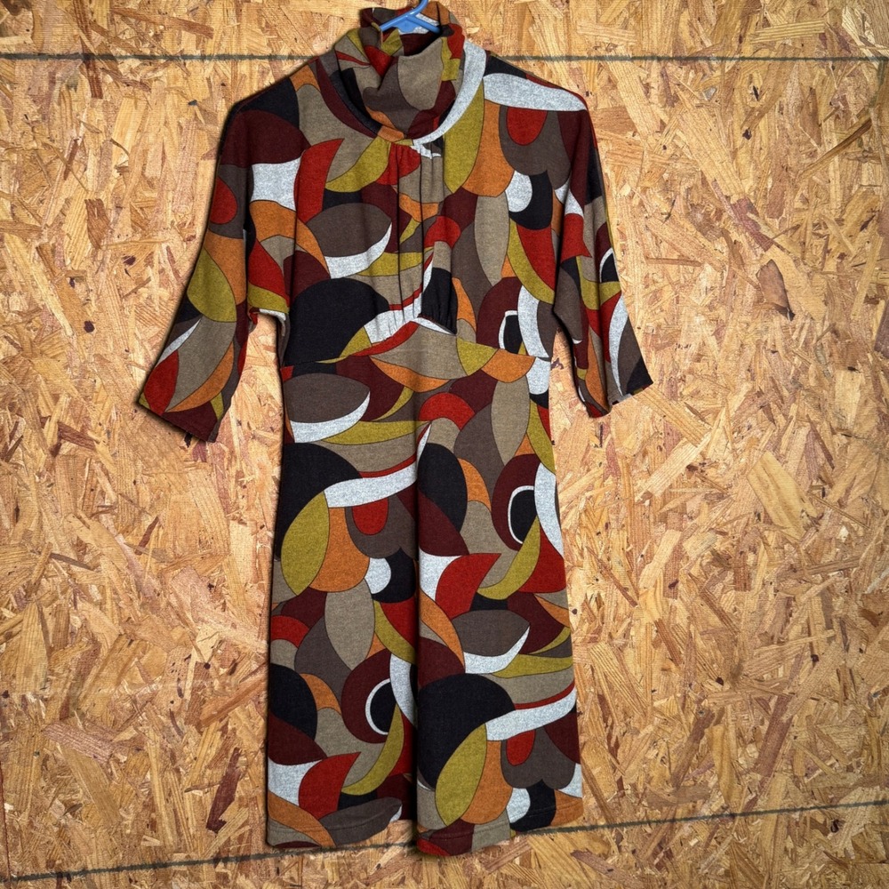 VTG Uncle Frank Hippie Retro Look Knit Midi Dress Funky Print Cowl Neck USA M